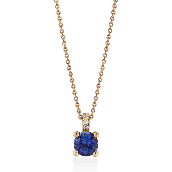 18ct Rose Gold Four Claw Set Round Cut Tanzanite and Round Brilliant Cut Diamond Pendant and Chain