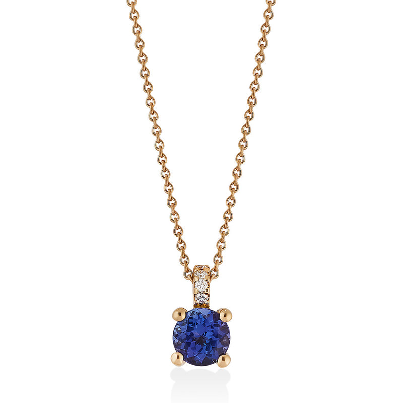 18ct Rose Gold Four Claw Set Round Cut Tanzanite and Round Brilliant Cut Diamond Pendant and Chain