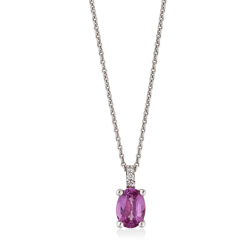 18ct White Gold Four Claw Set Oval Cut Pink Sapphire and Round Brilliant Cut Diamond Pendant and Chain