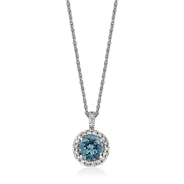 18ct White Gold Four Claw Set Round Cut Aquamarine and Round Brilliant Cut Diamond Halo Cluster Pendant and Chain