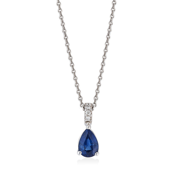 18ct White Gold Three Claw Set Pear Shaped Sapphire and Round Brilliant Cut Diamond Pendant and Chain