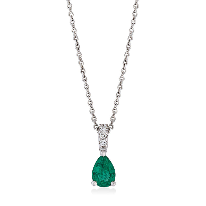 18ct White Gold Three Claw Set Pear Shaped Emerald and Round Brilliant Cut Diamond Pendant and Chain