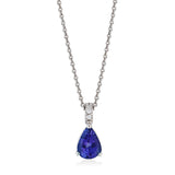 18ct White Gold Three Claw Set Pear Shaped Tanzanite and Round Brilliant Cut Pendant and Chain