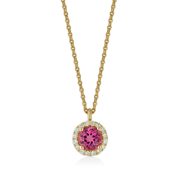 18ct Yellow Gold Four Claw Set Round Cut Pink Tourmaline and Round Brilliant Cut Diamond Halo Cluster Pendant and Chain