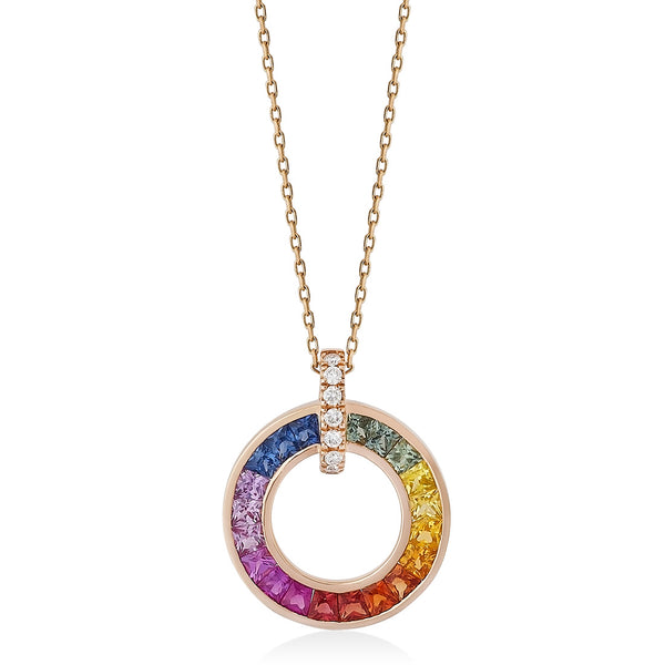 18ct Rose Gold Rub Set Princess Cut Rainbow Sapphire and Round Brilliant Cut Diamond Circular Pendant and Chain