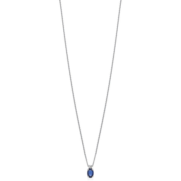 18ct White Gold Four Claw Set Oval Cut Sapphire and Round Brilliant Cut Diamond Pendant and Chain