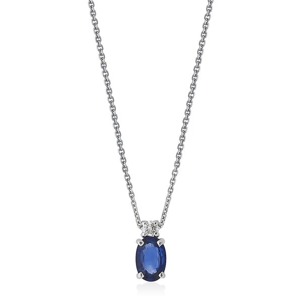 18ct White Gold Four Claw Set Oval Cut Sapphire and Round Brilliant Cut Diamond Pendant and Chain