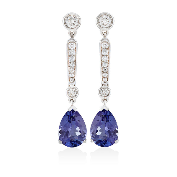 18ct White Gold Three Claw Set Pear Shaped Tanzanite and Round Brilliant Cut Diamond Drop Earrings