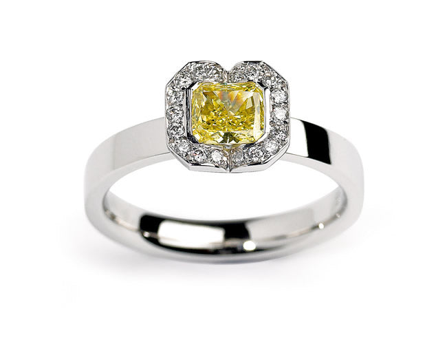 Andrew Geoghegan Fission Platinum Radiant Cut Yellow Diamond Cluster Ring