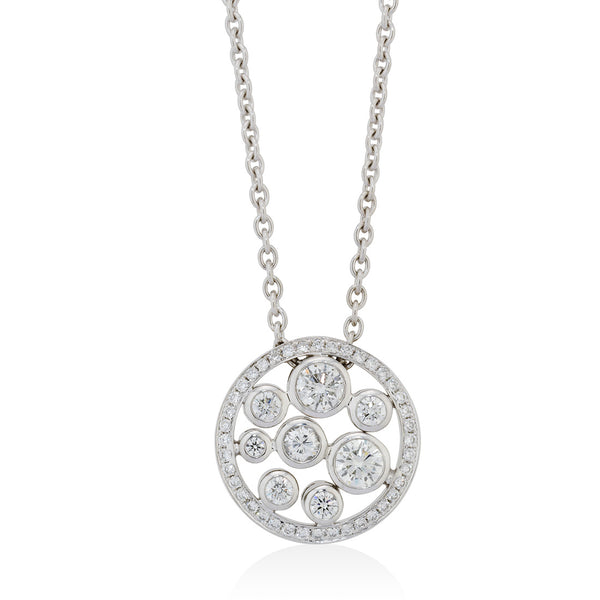 18ct White Gold Rub Set Round Brilliant Cut Diamond Halo Cluster Pendant and Chain