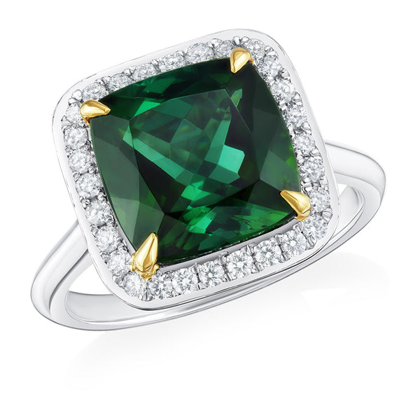 Platinum and 18ct Yellow Gold Four Claw Set Cushion Cut Tourmaline and Diamond Halo Cluster Ring