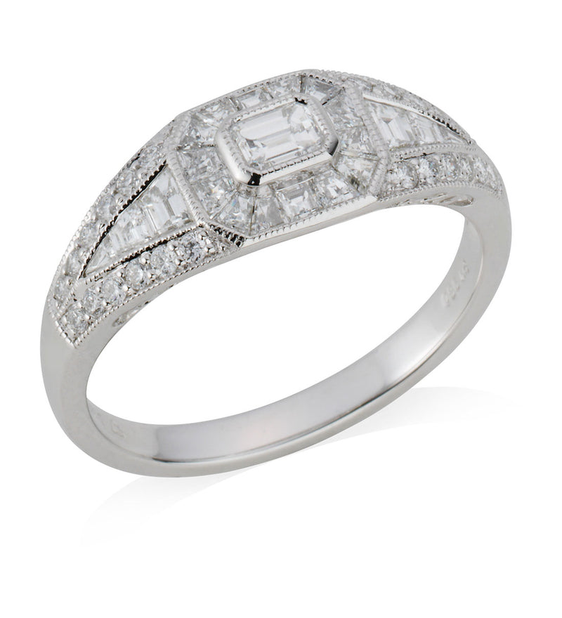Platinum Milgrain Edge Rub Set Emerald Cut Diamond Plaque Cluster Ring with Diamond Shoulders