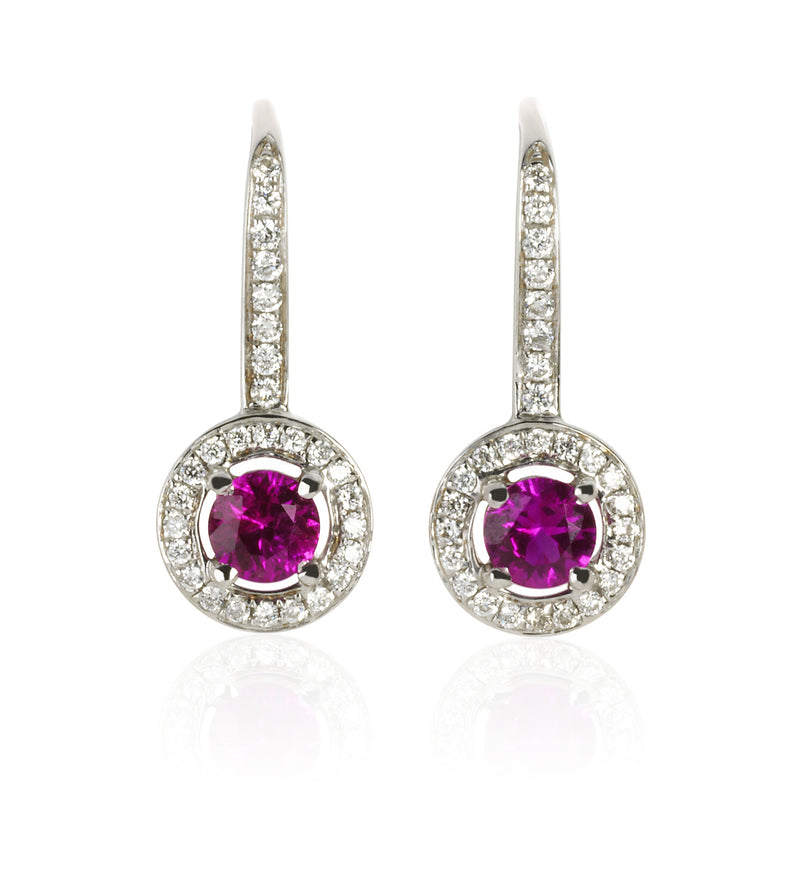 18ct White Gold Four Claw Set Ruby and Diamond Drop Earrings