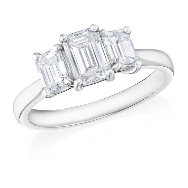 Platinum Three Stone Four Claw Set Emerald Cut Diamond Ring