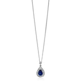 18ct White Gold Pear Cut Sapphire and Diamond Halo Cluster Pendant and Chain