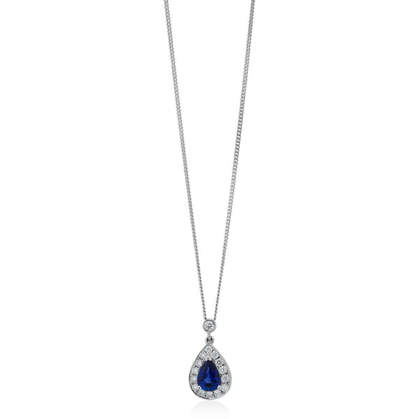 18ct White Gold Pear Cut Sapphire and Diamond Halo Cluster Pendant and Chain