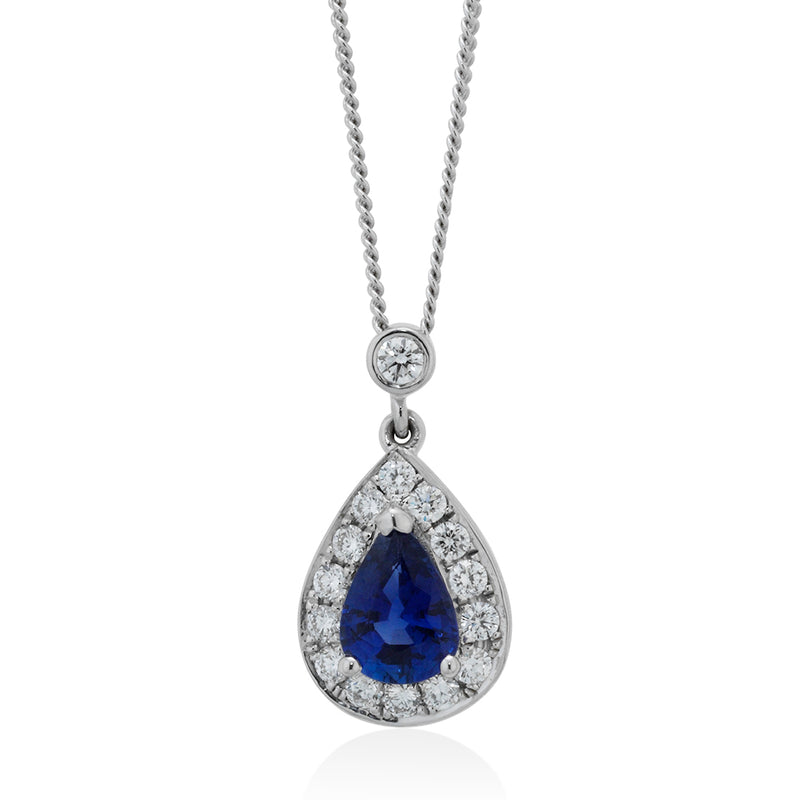18ct White Gold Pear Cut Sapphire and Diamond Halo Cluster Pendant and Chain