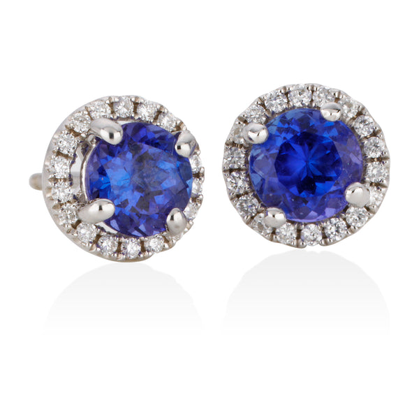18ct White Gold Four Claw Set Round Cut Tanzanite and Round Brilliant Cut Diamond Cluster Stud Earrings