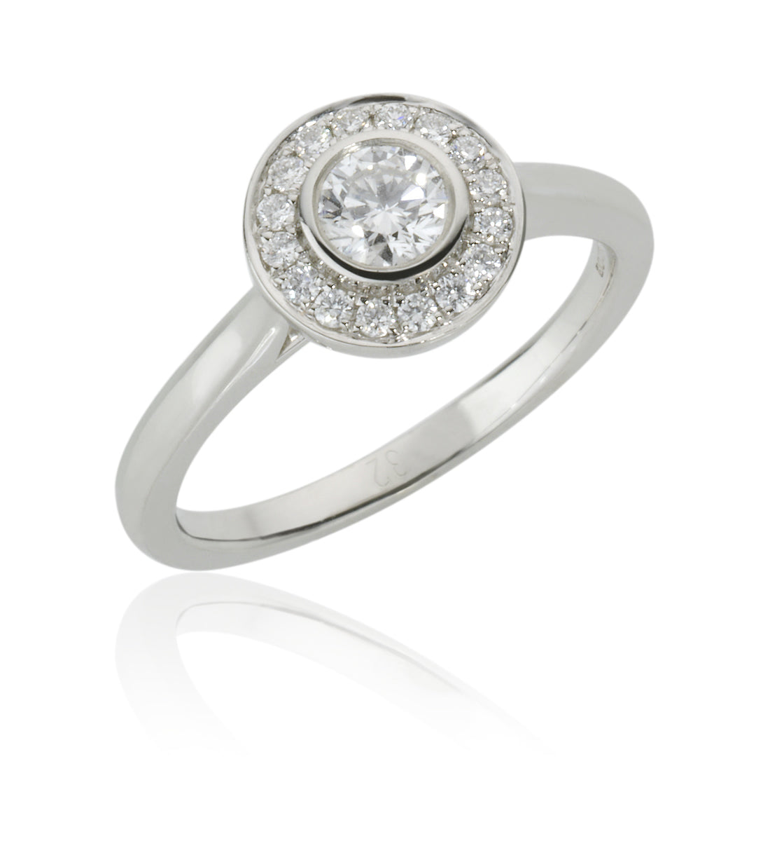 Platinum Rub Set Round Brilliant Cut Diamond Halo Cluster Ring – Mallory