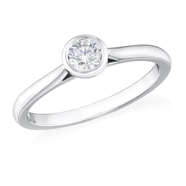 Platinum Single Stone Rub Set Round Brilliant Cut Diamond Ring