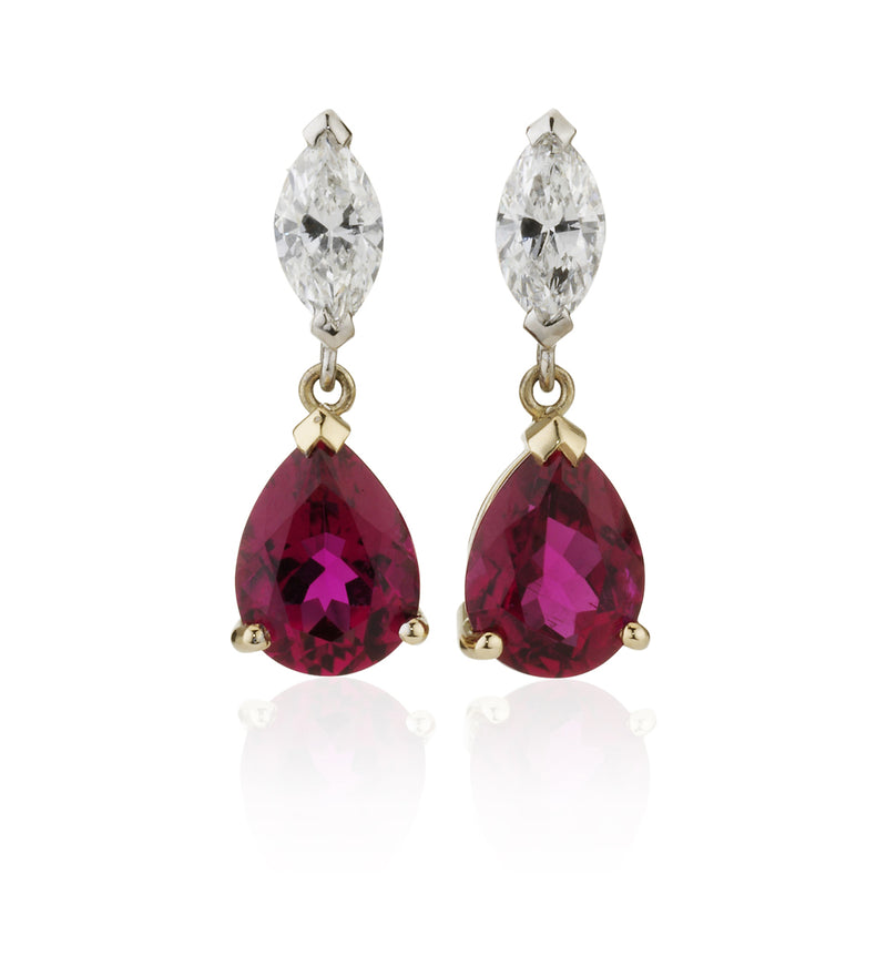 18ct Yellow and White Gold Pear Cut Tourmaline and Marquise Cut Diamond Drop Earring