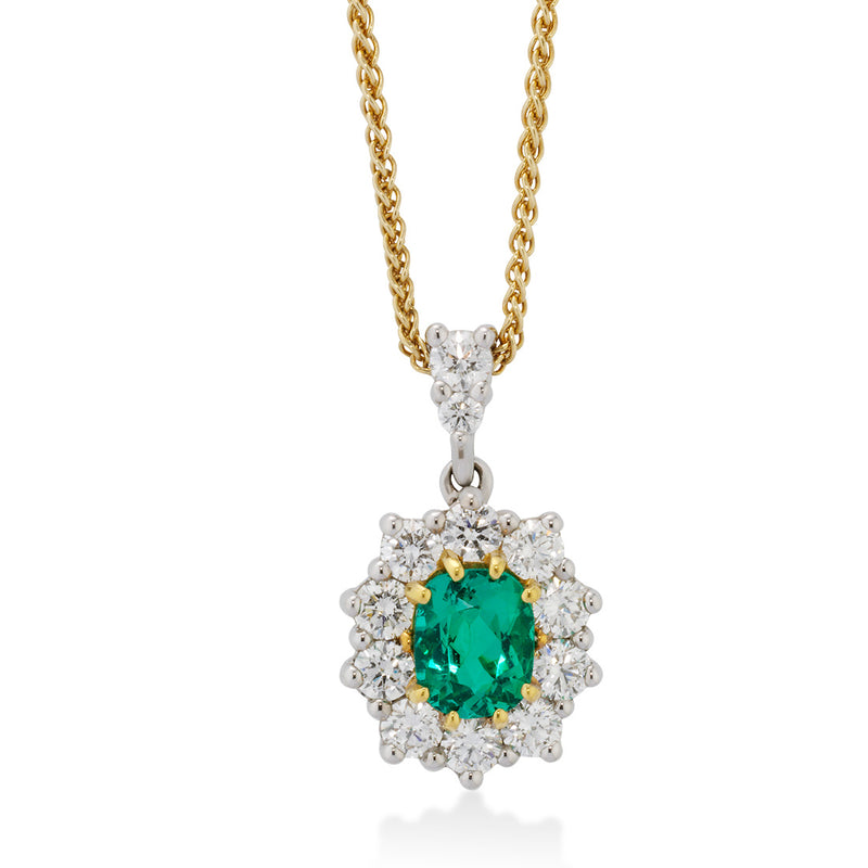 22ct Yellow and 18ct White Gold Emerald and Diamond Halo Cluster Pendant and Chain
