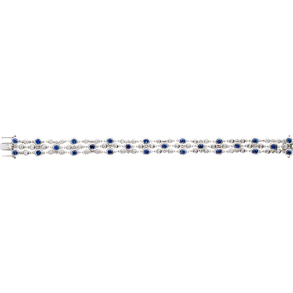 18ct White Gold Rub Set Round Cut Sapphire and Round Brilliant Cut Diamond Three Strand Bracelet