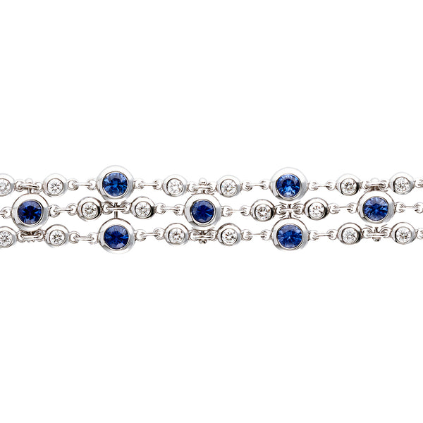 18ct White Gold Rub Set Round Cut Sapphire and Round Brilliant Cut Diamond Three Strand Bracelet