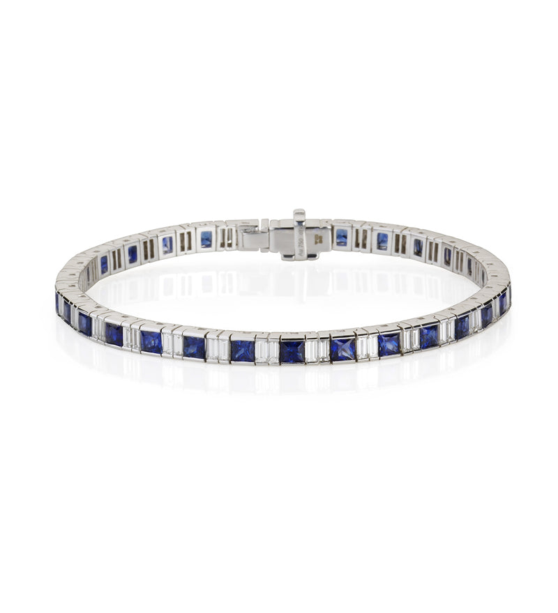 18ct White Gold Rub Set Princess Cut Sapphire and Baguette Cut Diamond Line Bracelet