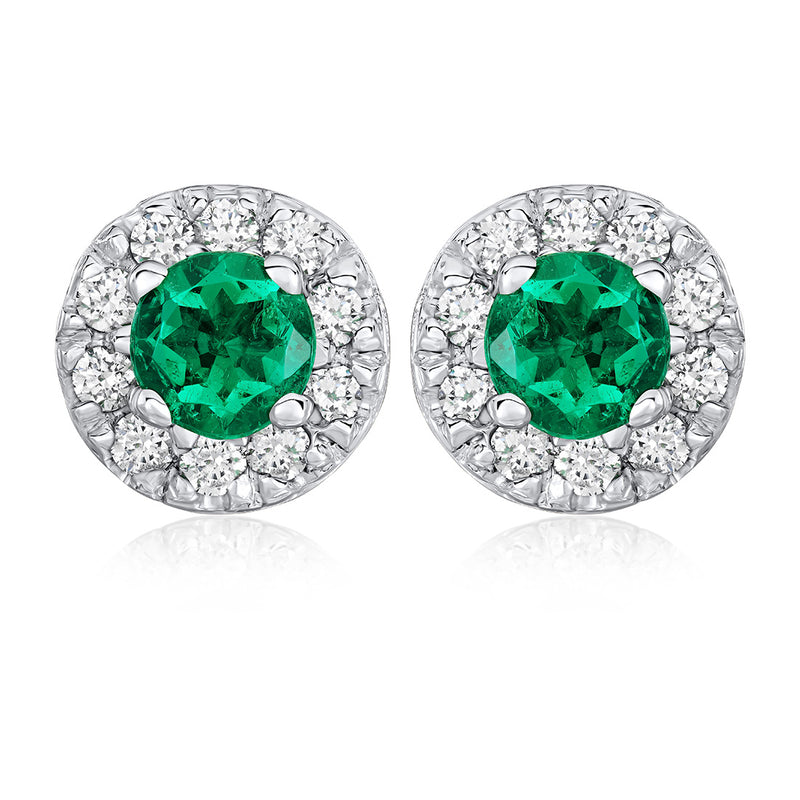 18ct White Gold Four Claw Set Round Cut Emerald and Diamond Halo Cluster Stud Earrings