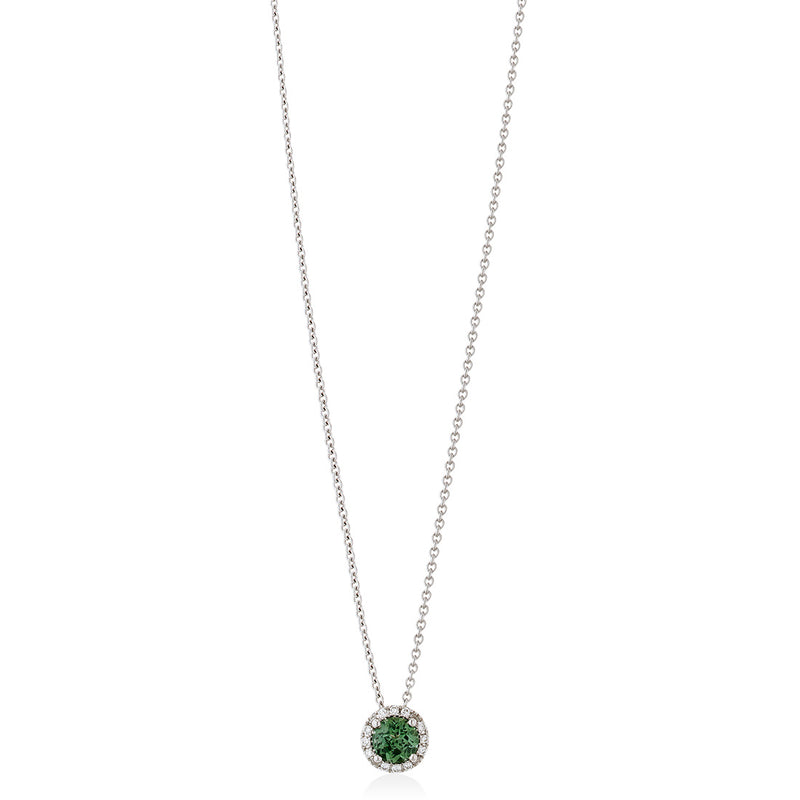 18ct White Gold Four Claw Set Round Cut Green Tourmaline and Diamond Halo Cluster Pendant