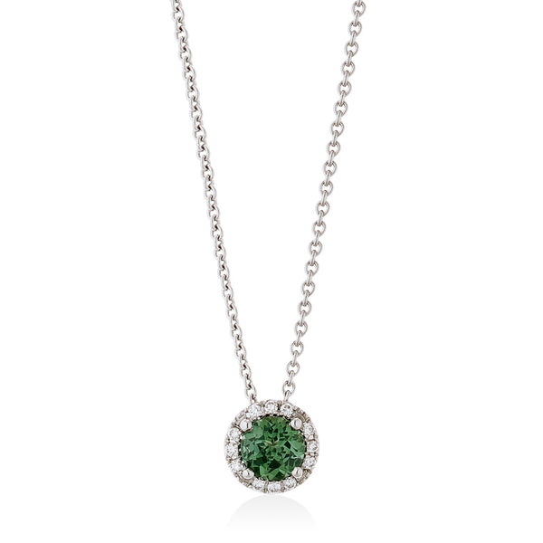 18ct White Gold Four Claw Set Round Cut Green Tourmaline and Diamond Halo Cluster Pendant