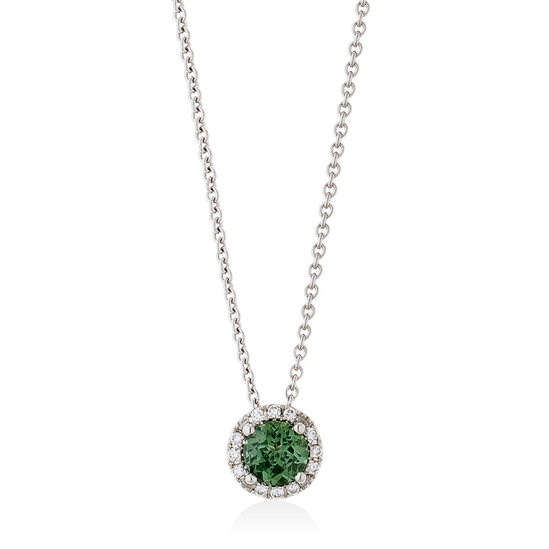 18ct White Gold Four Claw Set Round Cut Green Tourmaline and Diamond Halo Cluster Pendant