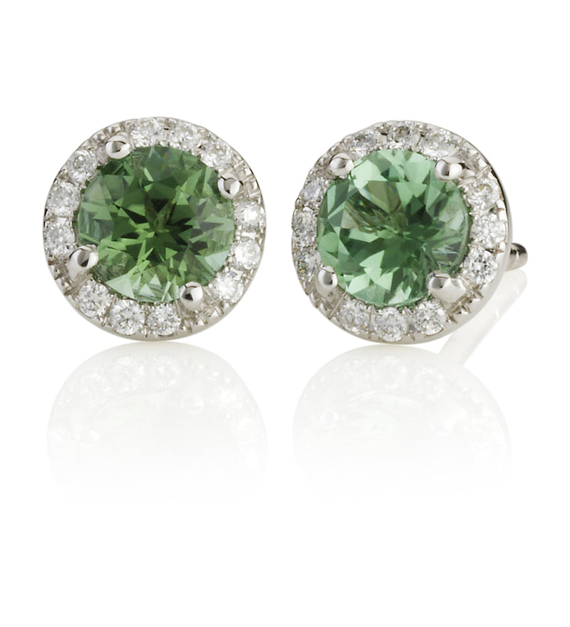 18ct White Gold Green Tourmaline and Diamond Halo Cluster Stud Earrings