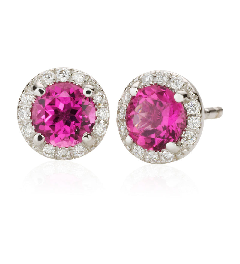 18ct White GoldRound Cut Pink Tourmaline Diamond Halo Cluster Stud Earrings