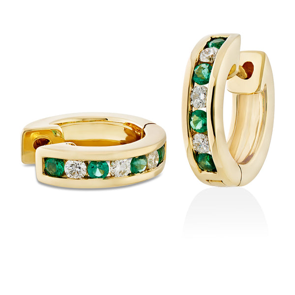 18ct Yellow Gold Channel Set Round Cut Emerald and Diamond Hoop Earrings