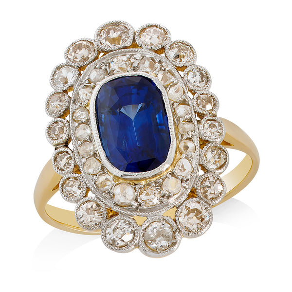 Antique Edwardian Yellow and White Gold Grain Set Oval Cut Sapphire and Rose Cut Diamond Target Cluster Ring