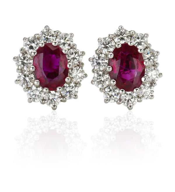 18ct White Gold Oval Cut Ruby and Diamond Halo Cluster Stud Earrings