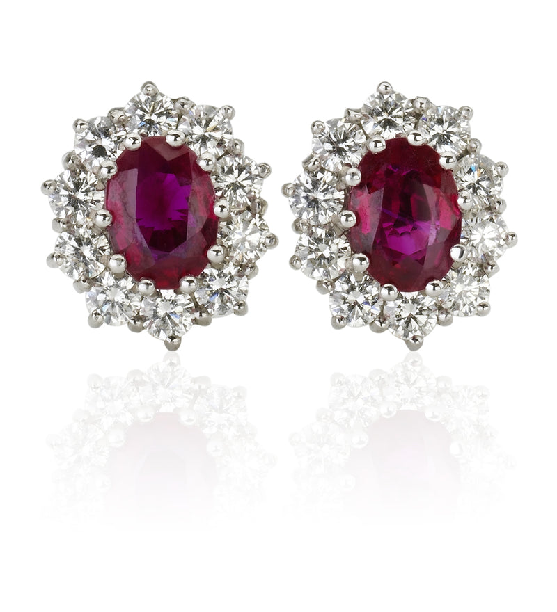 18ct White Gold Oval Cut Ruby and Diamond Halo Cluster Stud Earrings
