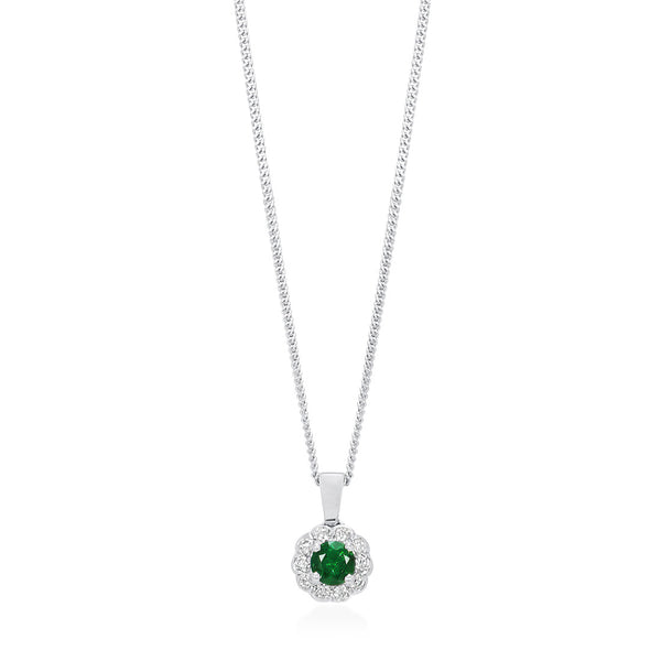 18ct White Gold Four Claw Set Round Cut Emerald and Round Brilliant Cut Diamond Floral Cluster Pendant