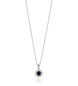18ct White Gold Round Cut Sapphire and Diamond Halo Cluster Pendant and Chain