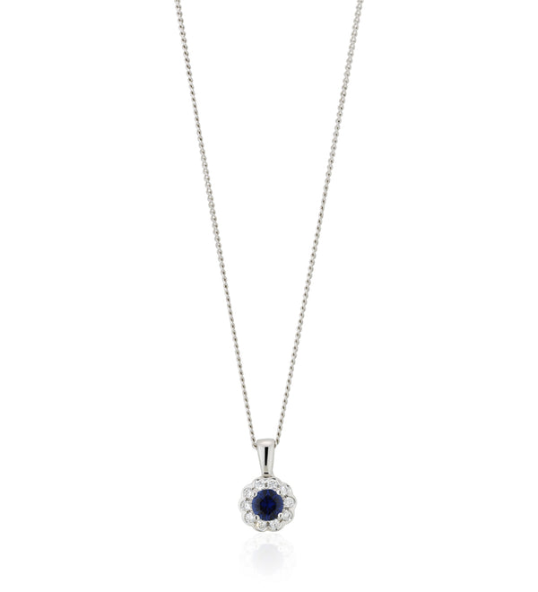 18ct White Gold Round Cut Sapphire and Diamond Halo Cluster Pendant and Chain
