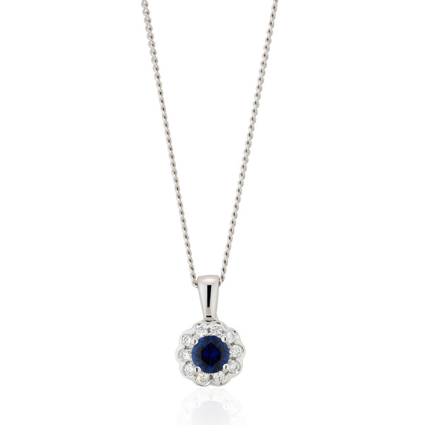 18ct White Gold Round Cut Sapphire and Diamond Halo Cluster Pendant and Chain