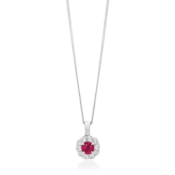 18ct White Gold Four Claw Set Round Cut Ruby and Round Brilliant Cut Diamond Floral Cluster Pendant