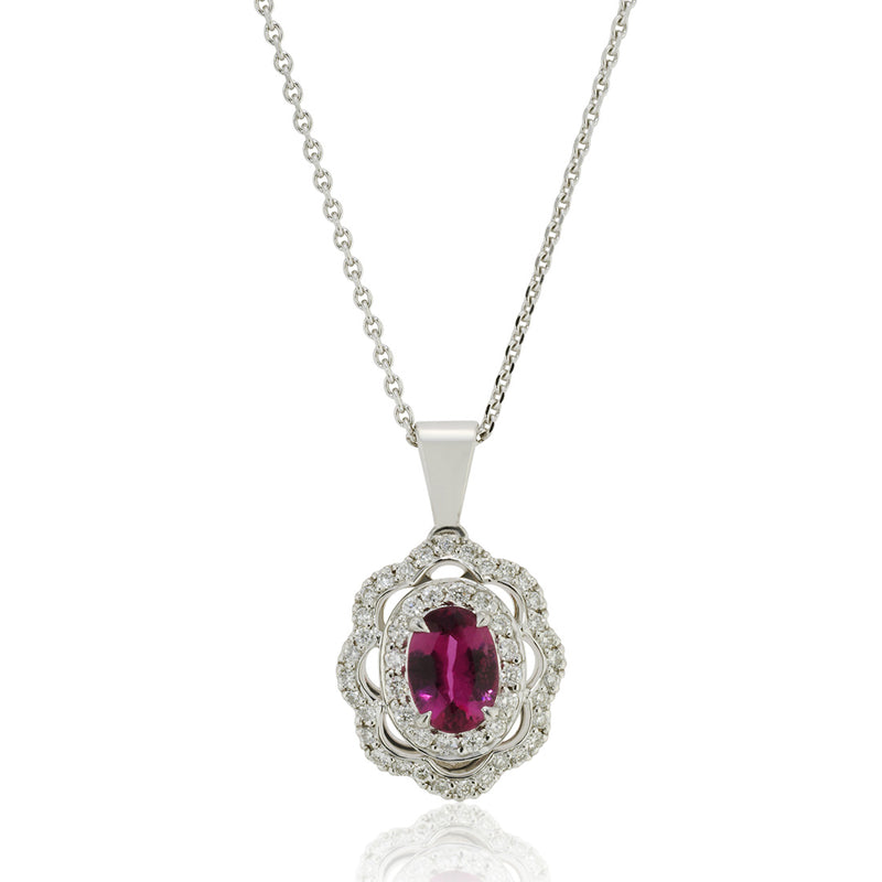 18ct White Gold Oval Cut Rubellite and Diamond Double Cluster Halo Pendant and Chain