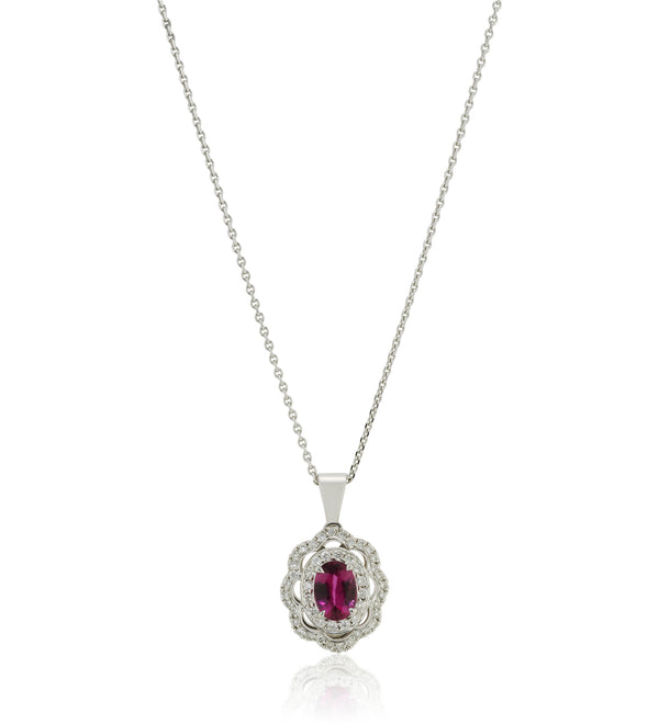 18ct White Gold Oval Cut Rubellite and Diamond Double Cluster Halo Pendant and Chain