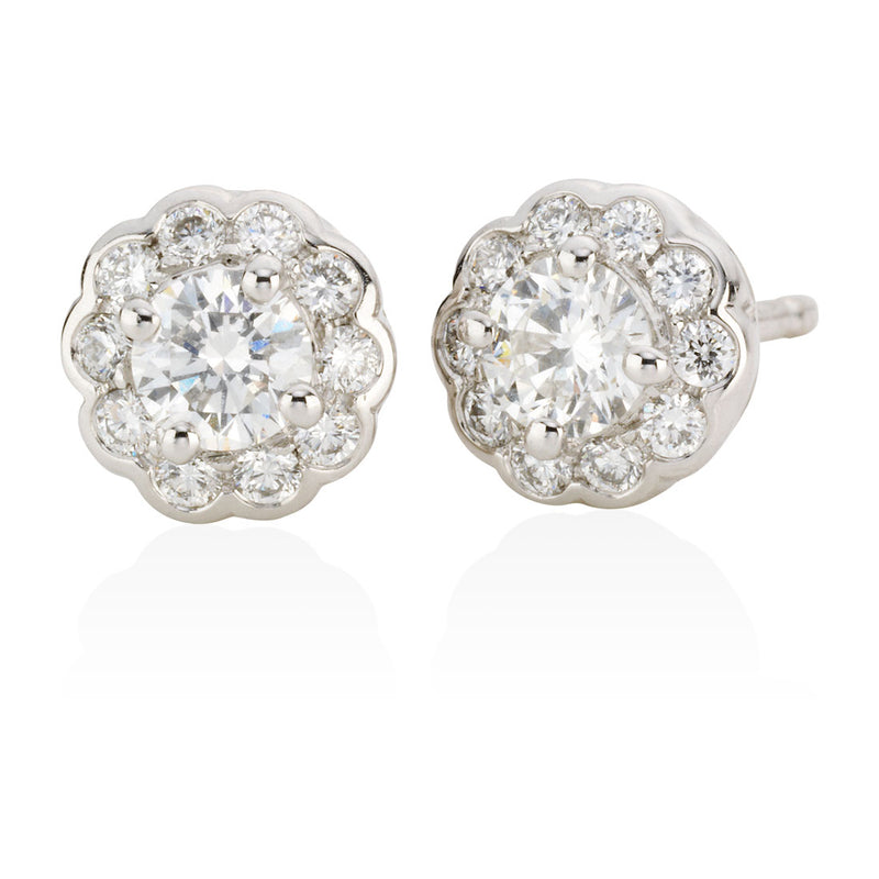 18ct White Gold Round Brilliant Cut Diamond Floral Cluster Stud Earrings