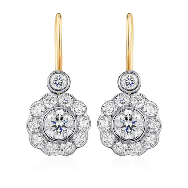 18ct White and Yellow Gold Rub Set Round Brilliant Cut Diamond Cluster Drop Earrings