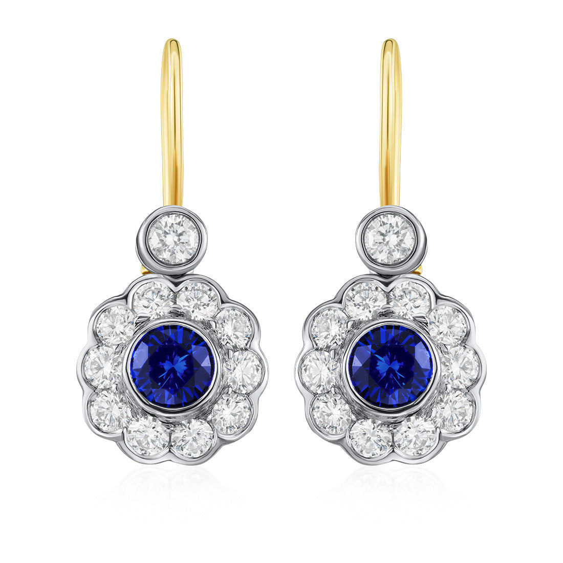 18ct White and Yellow Gold Rub Set Round Cut Sapphire and Diamond Clus ...