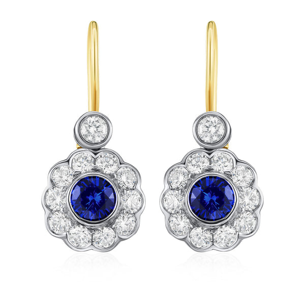 18ct White and Yellow Gold Rub Set Round Cut Sapphire and Diamond Cluster Drop Earrings